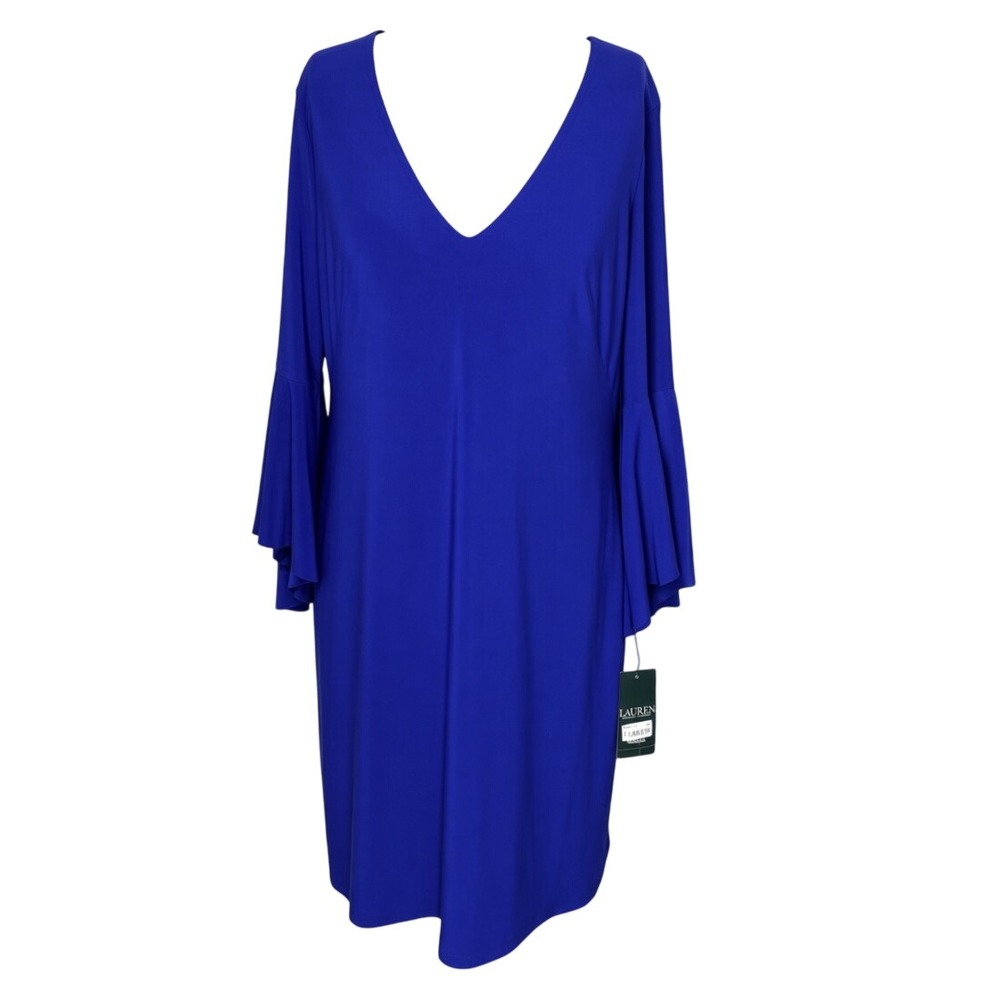 Lauren Ralph Lauren Women Dress 12 Dame Purple Shift Bell Sleeve V-Neck NWT